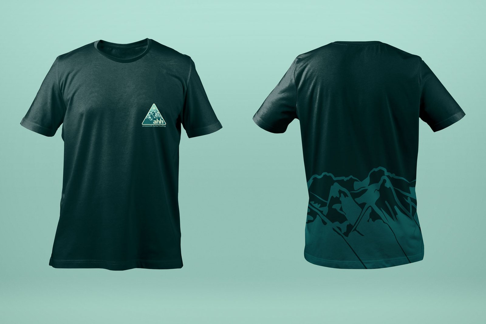 Dark green AHH staff t-shirts, front and back