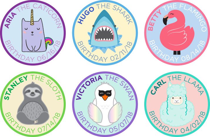 Six character badges: Luna, Remy, Kiki, Stanley, Victoria and Luna the llama