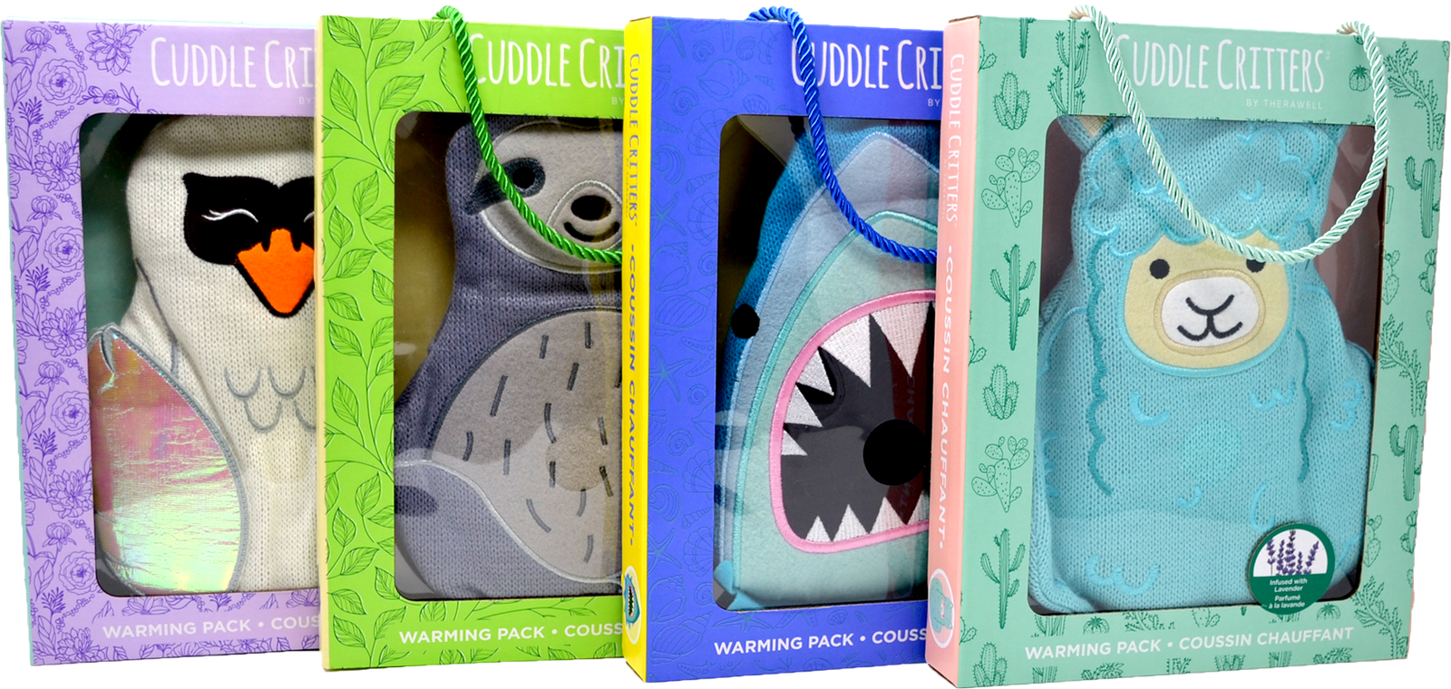 Four Cuddle Critters warming packs in their windowed boxes