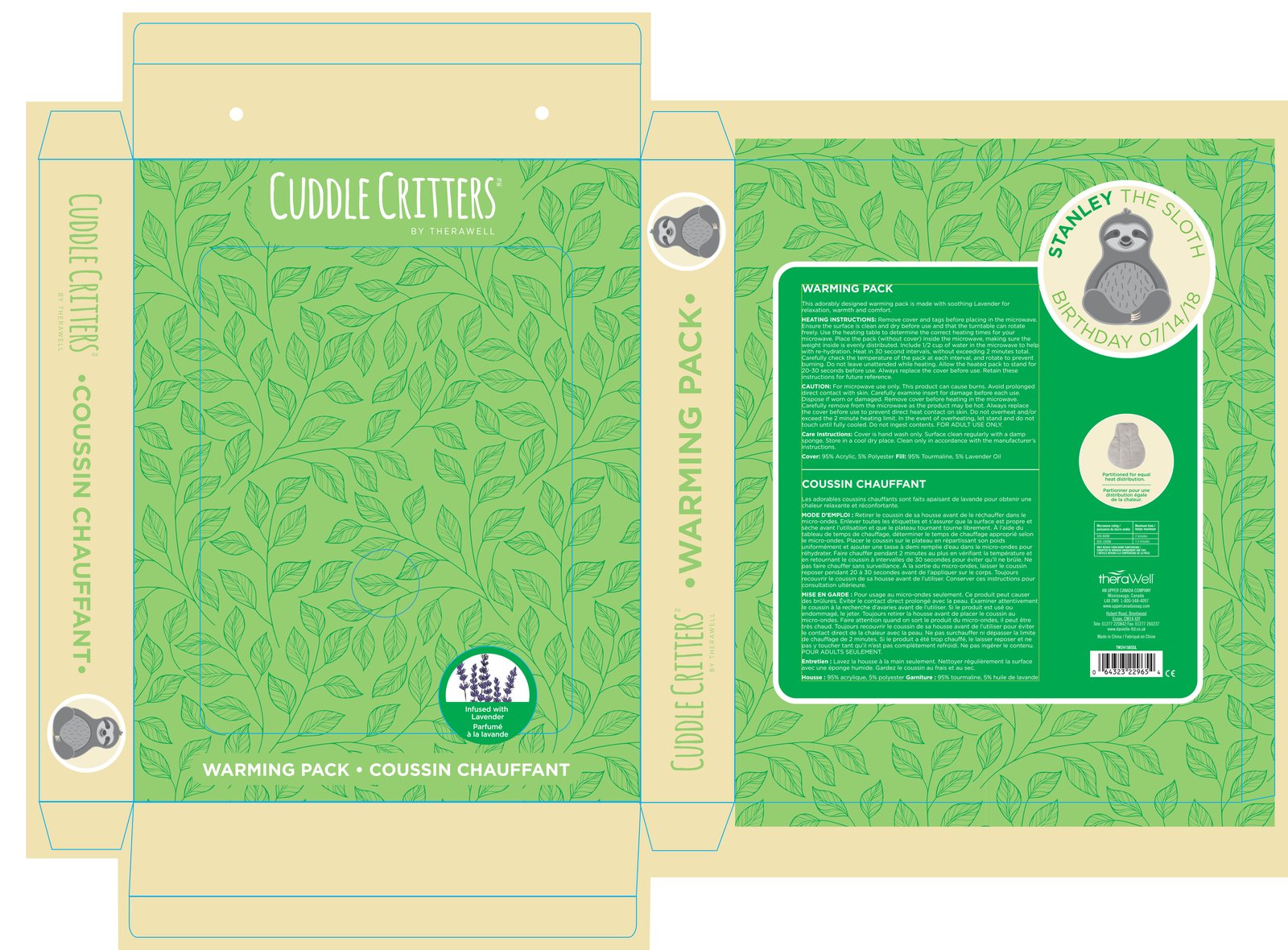 Sloth warming pack package dieline