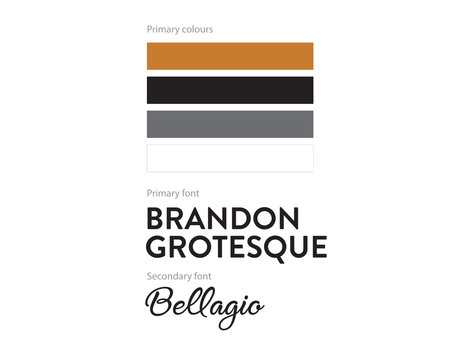 Colour swatches with Brandon Grotesque and Bellagio type samples