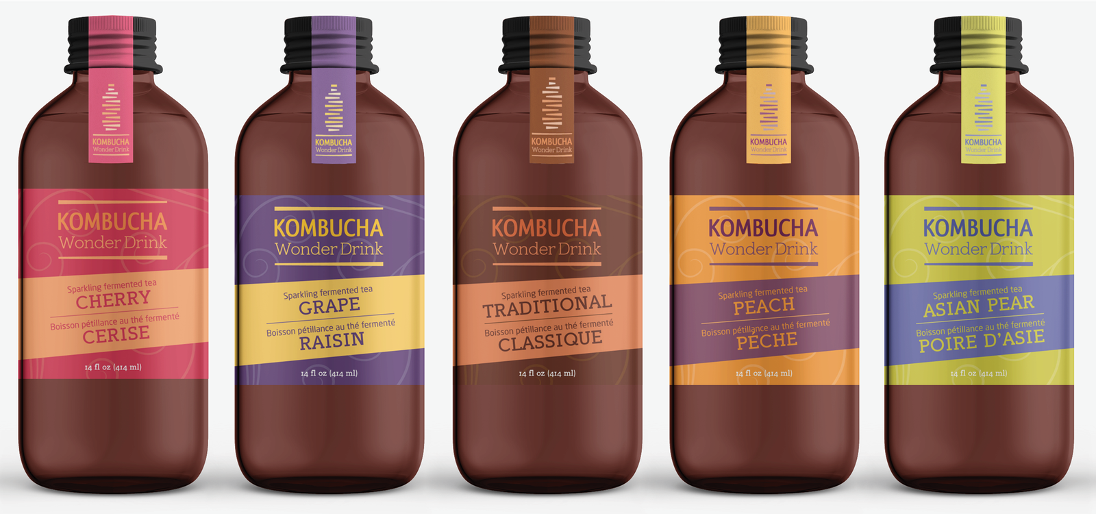 Five amber kombucha bottles