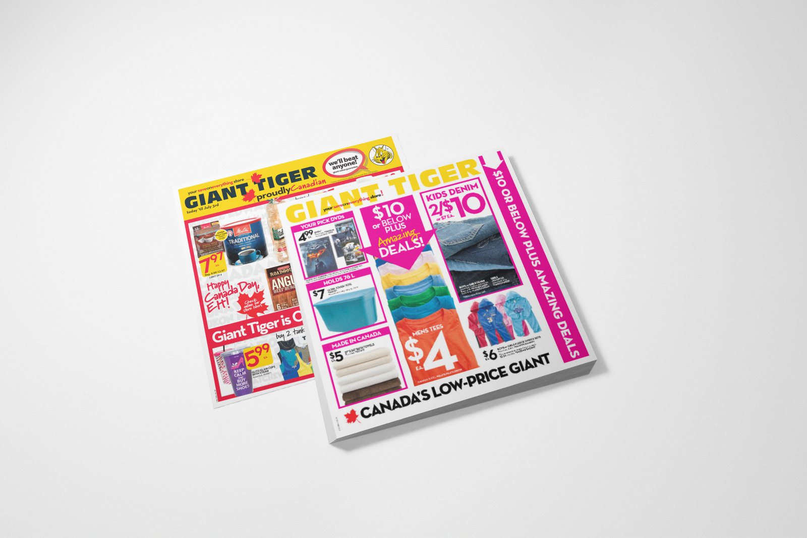 A stack of Giant Tiger weekly flyers