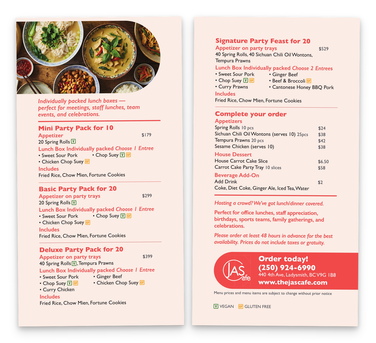 Catering menu front and back