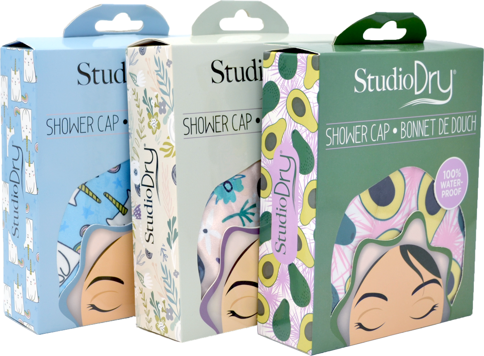 Three shower cap boxes in different patterns